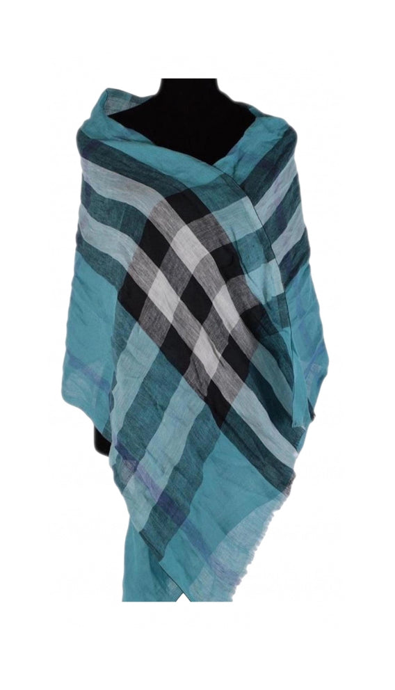 BURBERRY - Turquoise Check Linen Long Scarf