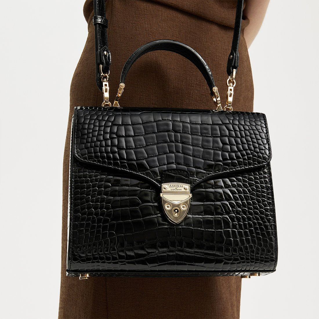 ASPINAL OF LONDON - Mayfair Black Patent Croc Bag