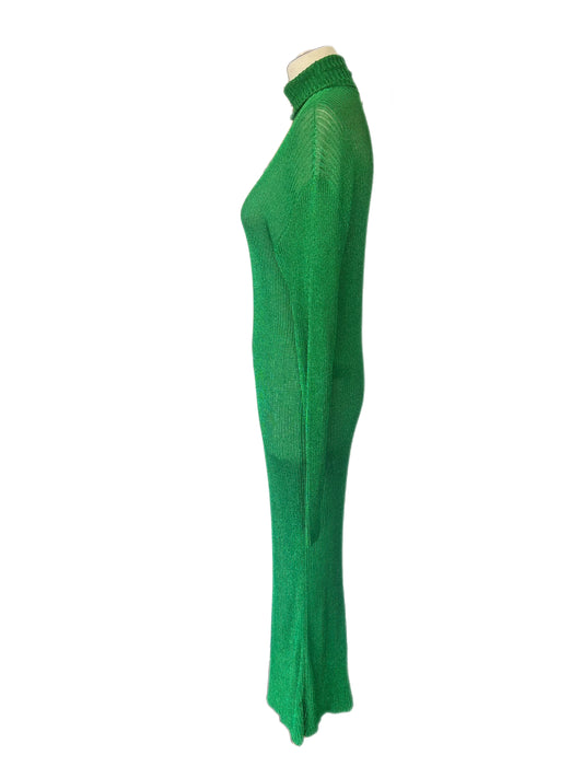 BALENCIAGA - Green Metallic Rib-knit Roll Neck Dress - Suit AUS 8-10