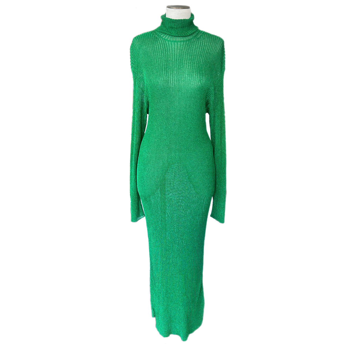 BALENCIAGA - Green Metallic Rib-knit Roll Neck Dress - Suit AUS 8-10