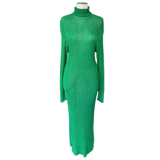 BALENCIAGA - Green Metallic Rib-knit Roll Neck Dress - Suit AUS 8-10