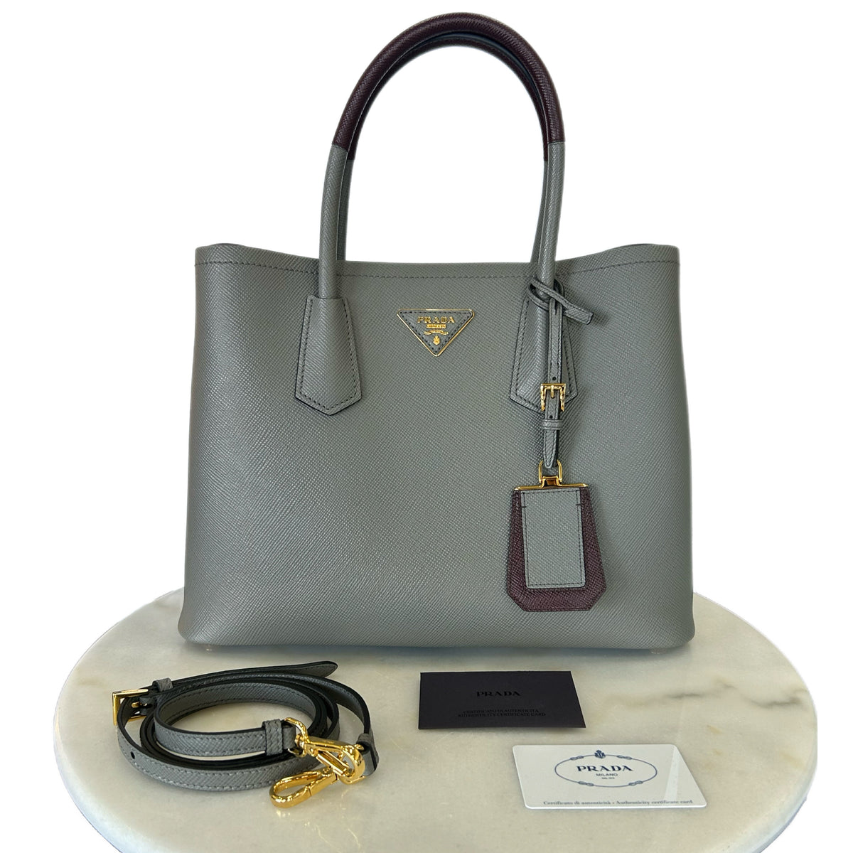PRADA - Saffiano Double Bag / Grey & Burgundy