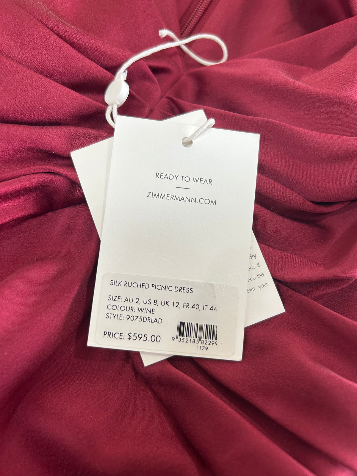 ZIMMERMANN - Silk Ruched Picnic Midi Dress Wine Red Sz 2