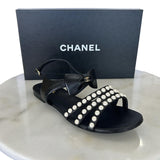 CHANEL - Pearl & Leather Bow Sandals Sz 40C