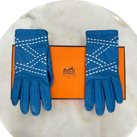 HERMÈS - Blue Leather Gloves Sz 7.5