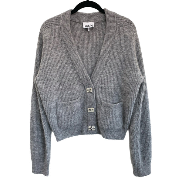 GANNI - Crystal Button Grey Knit Cardigan Sz S