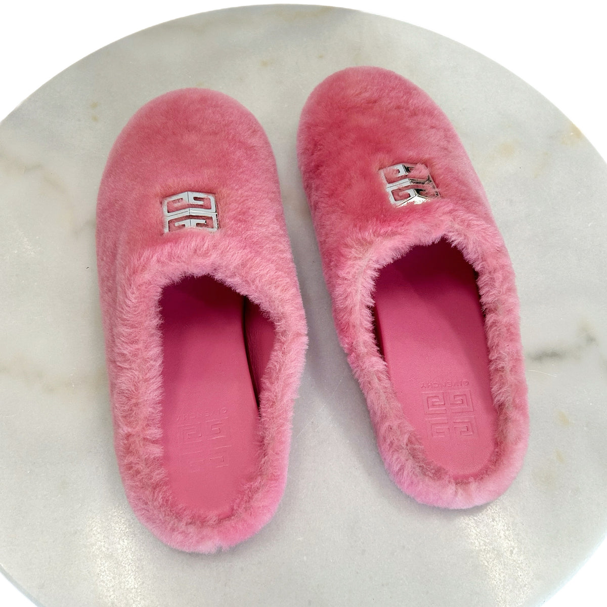 GIVENCHY - 4G Pink Shearling Slip On Slides Sz 39