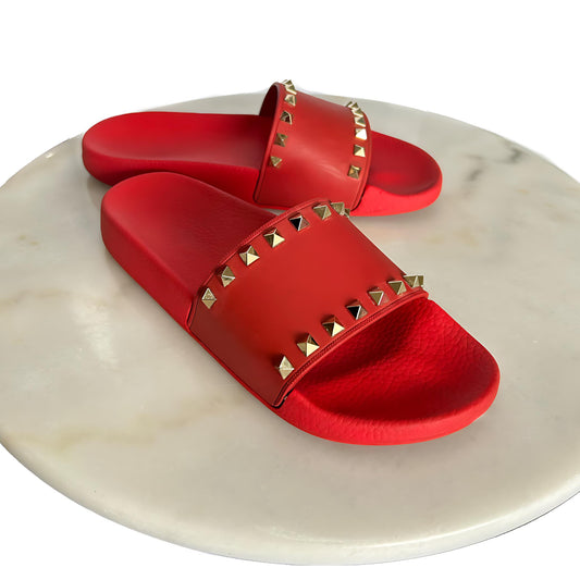 VALENTINO - Red Rockstud Pool Slides Sz 40
