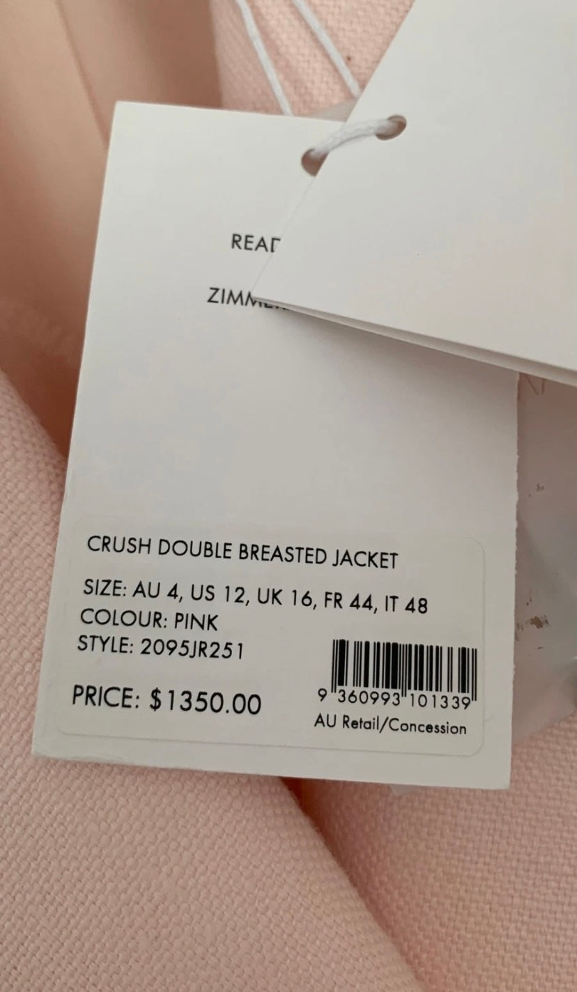 ZIMMERMANN - Crush Double-Breasted Pink Linen Blazer Sz 4