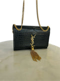SAINT LAURENT - Kate Black Croc Embossed Tassel Bag