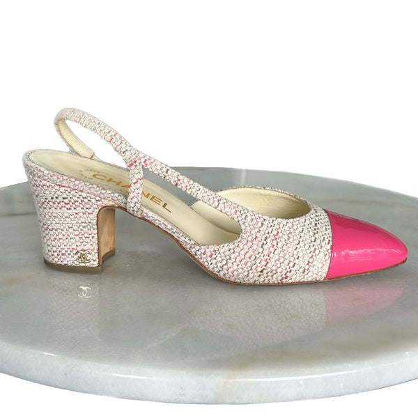 CHANEL - Tweed & Pink Patent Slingbacks Sz 39C