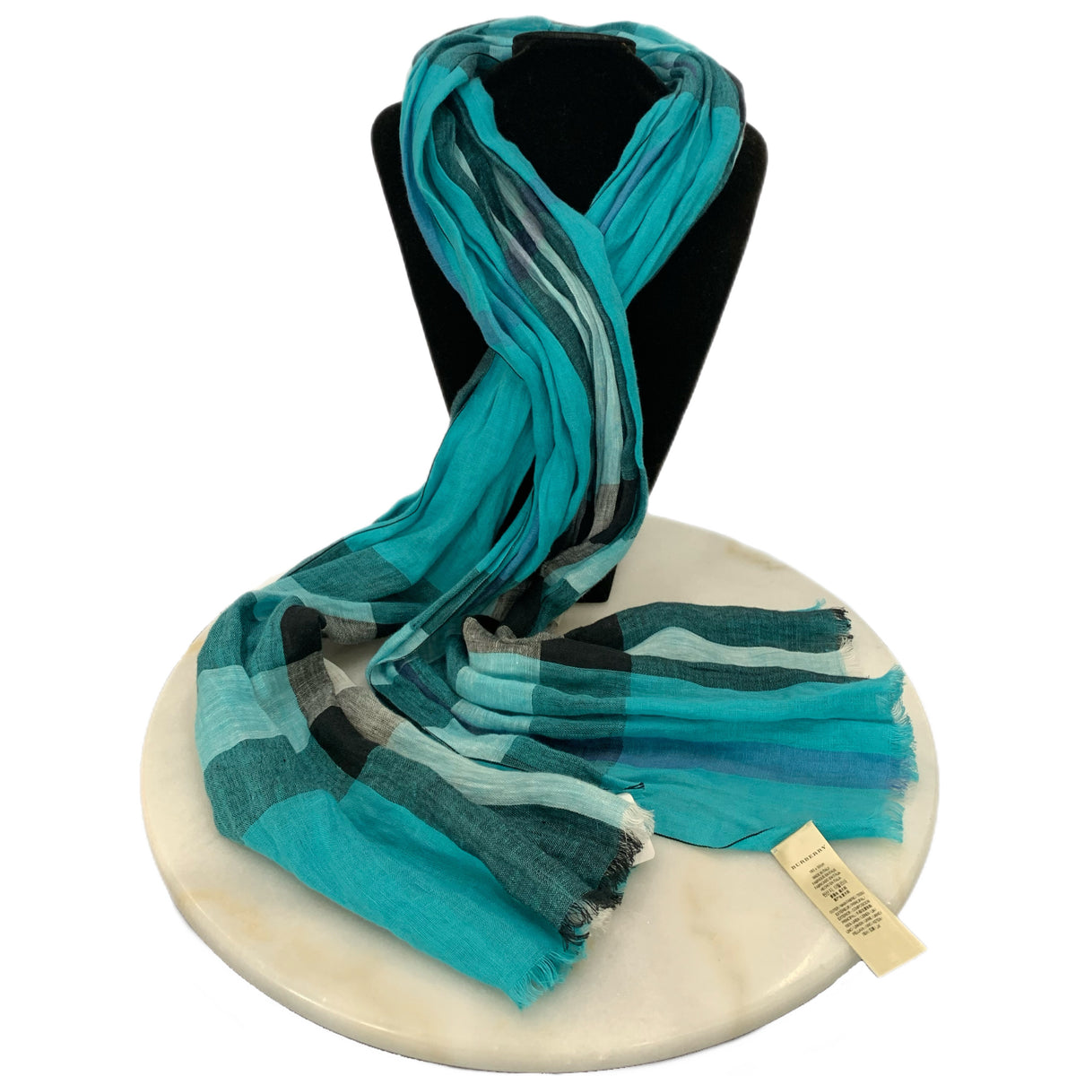 BURBERRY - Turquoise Check Linen Long Scarf
