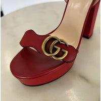 GUCCI - Red Leather GG Marmont Block Sandals Size EU 38