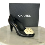 CHANEL - Black Leather Camellia Pumps Sz 38