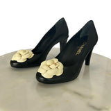 CHANEL - Black Leather Camellia Pumps Sz 38