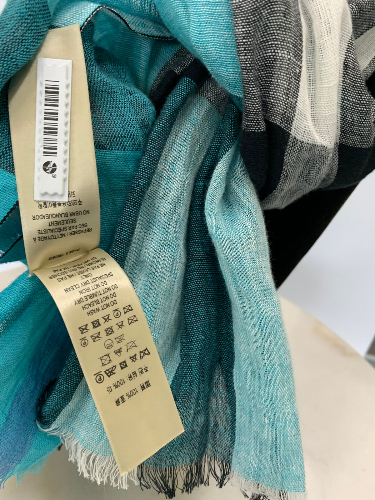 BURBERRY - Turquoise Check Linen Long Scarf