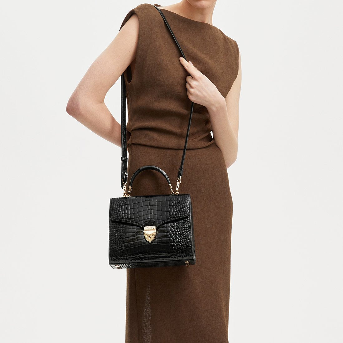 ASPINAL OF LONDON - Mayfair Black Patent Croc Bag