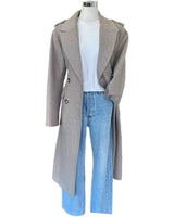 DUCIE - Herringbone Wool Blend Belted Grey Coat Sz L