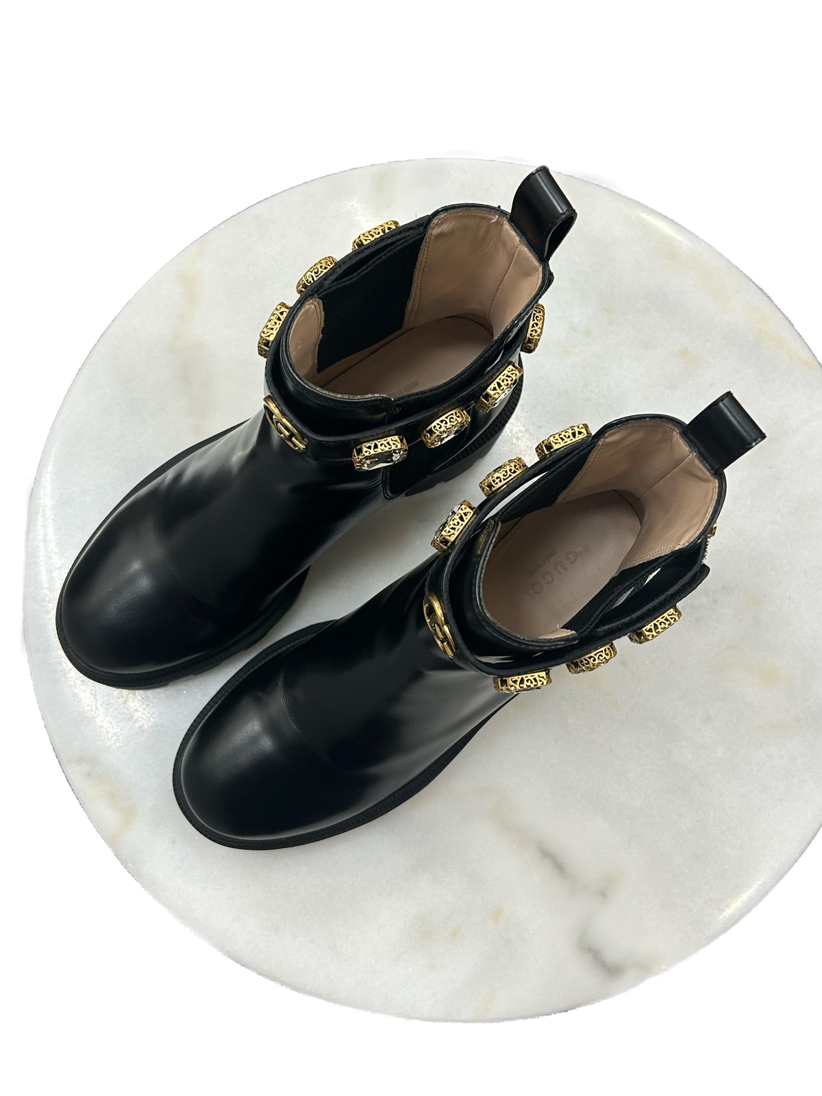 GUCCI - Leather Crystal Embellished Ankle Boots Sz 37.5