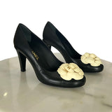 CHANEL - Black Leather Camellia Pumps Sz 38
