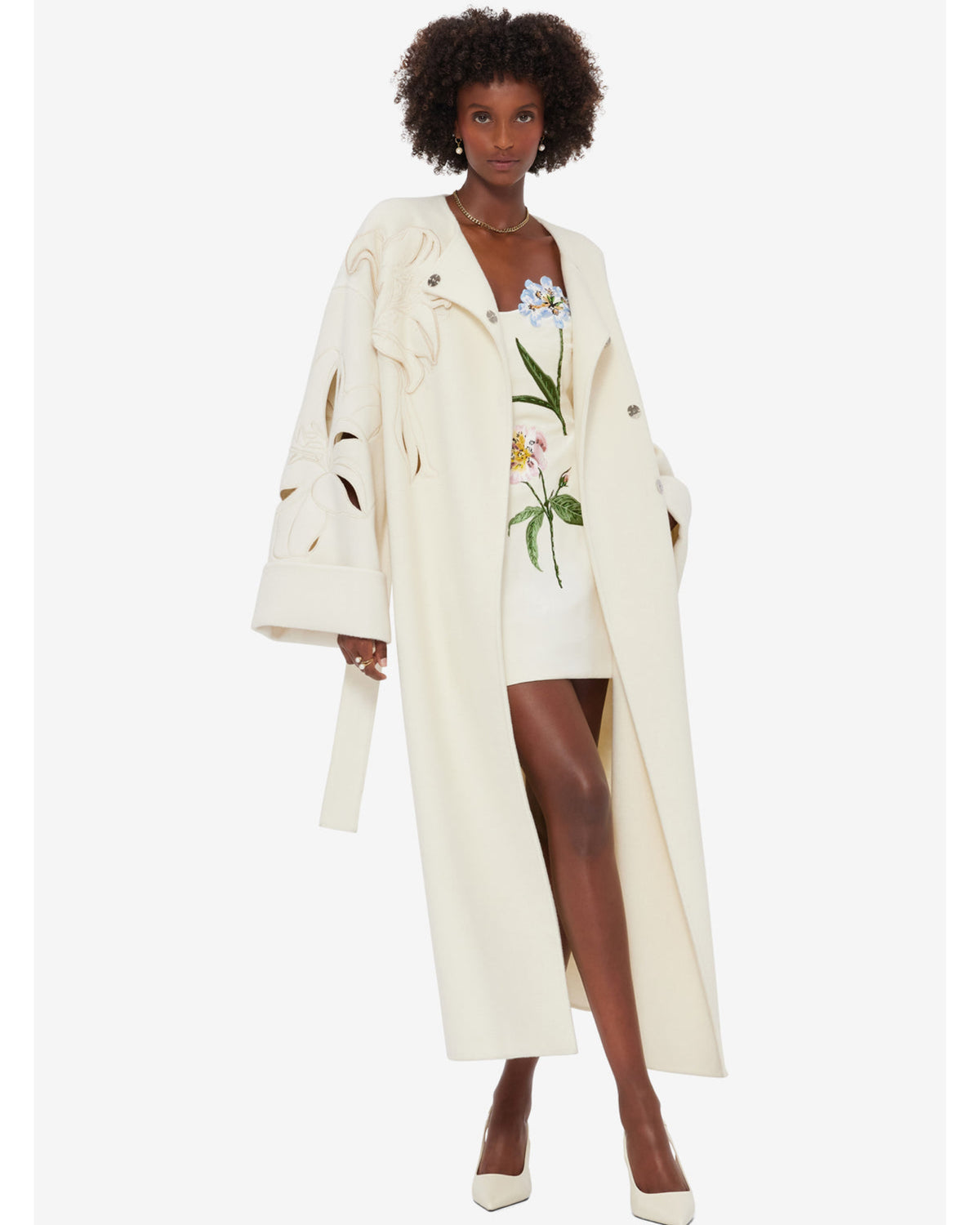 LEO LIN - Celestine Appliqué Wool Coat in Snow Sz S