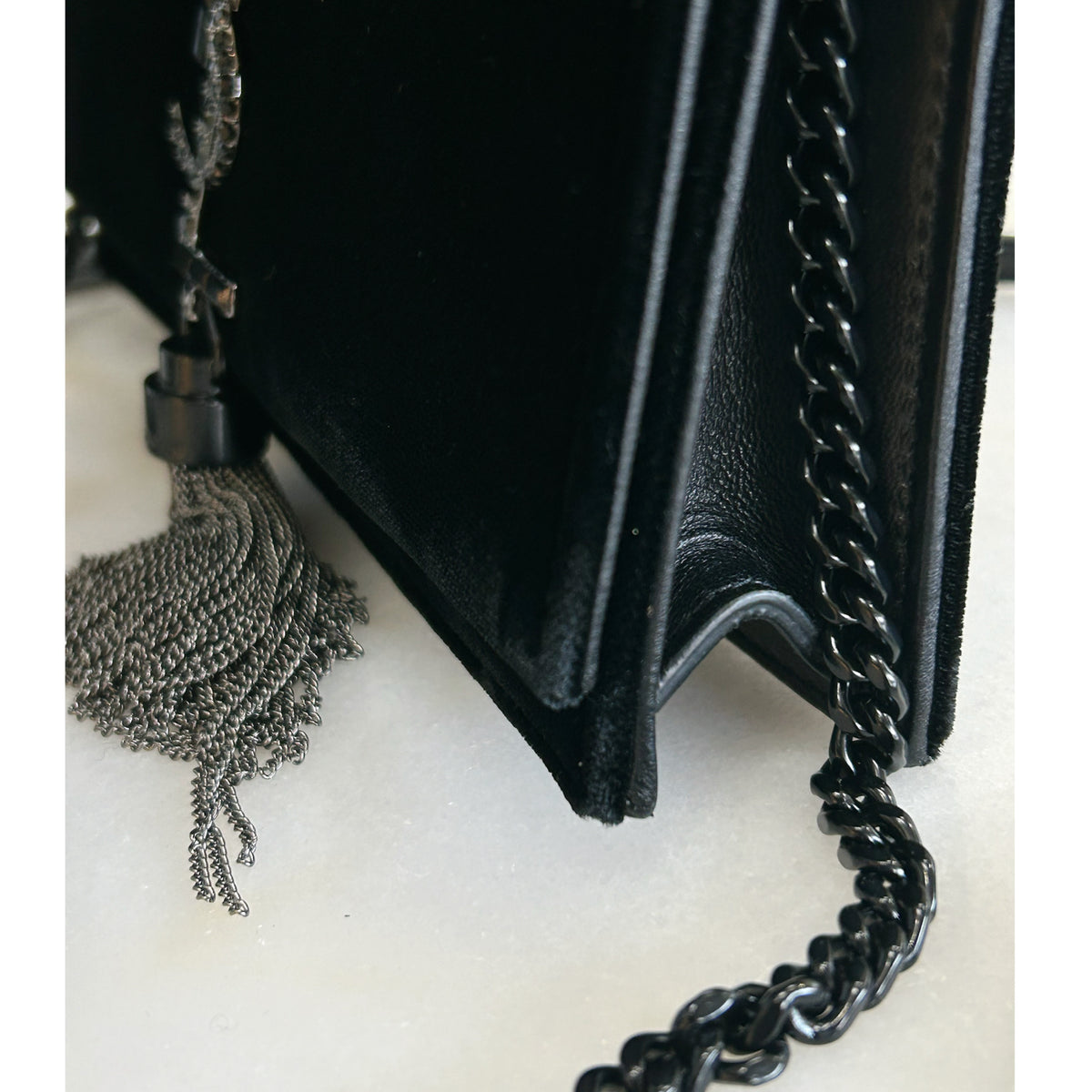 SAINT LAURENT - Kate Black Velvet & Crystal Tassel Bag