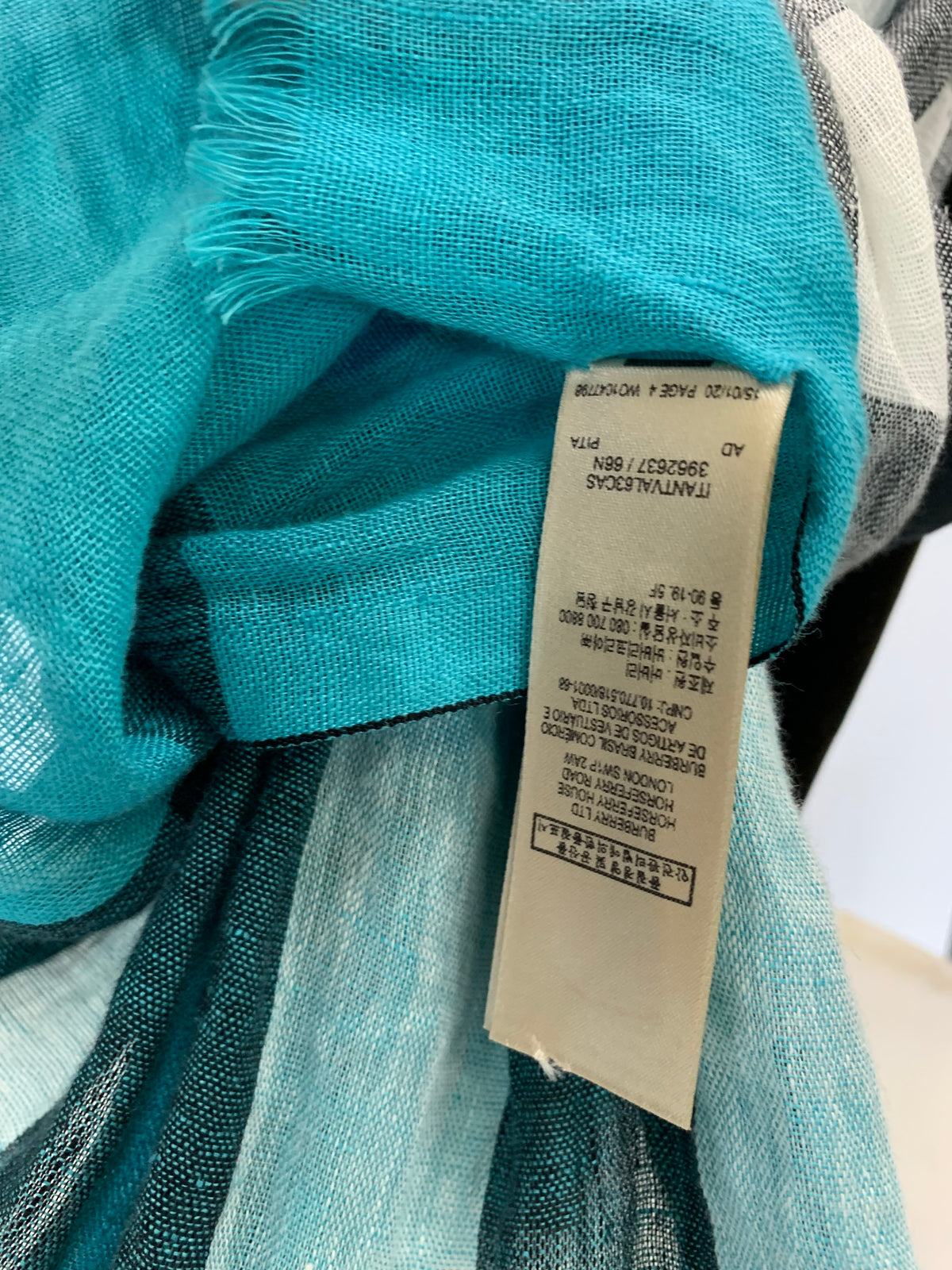 BURBERRY - Turquoise Check Linen Long Scarf