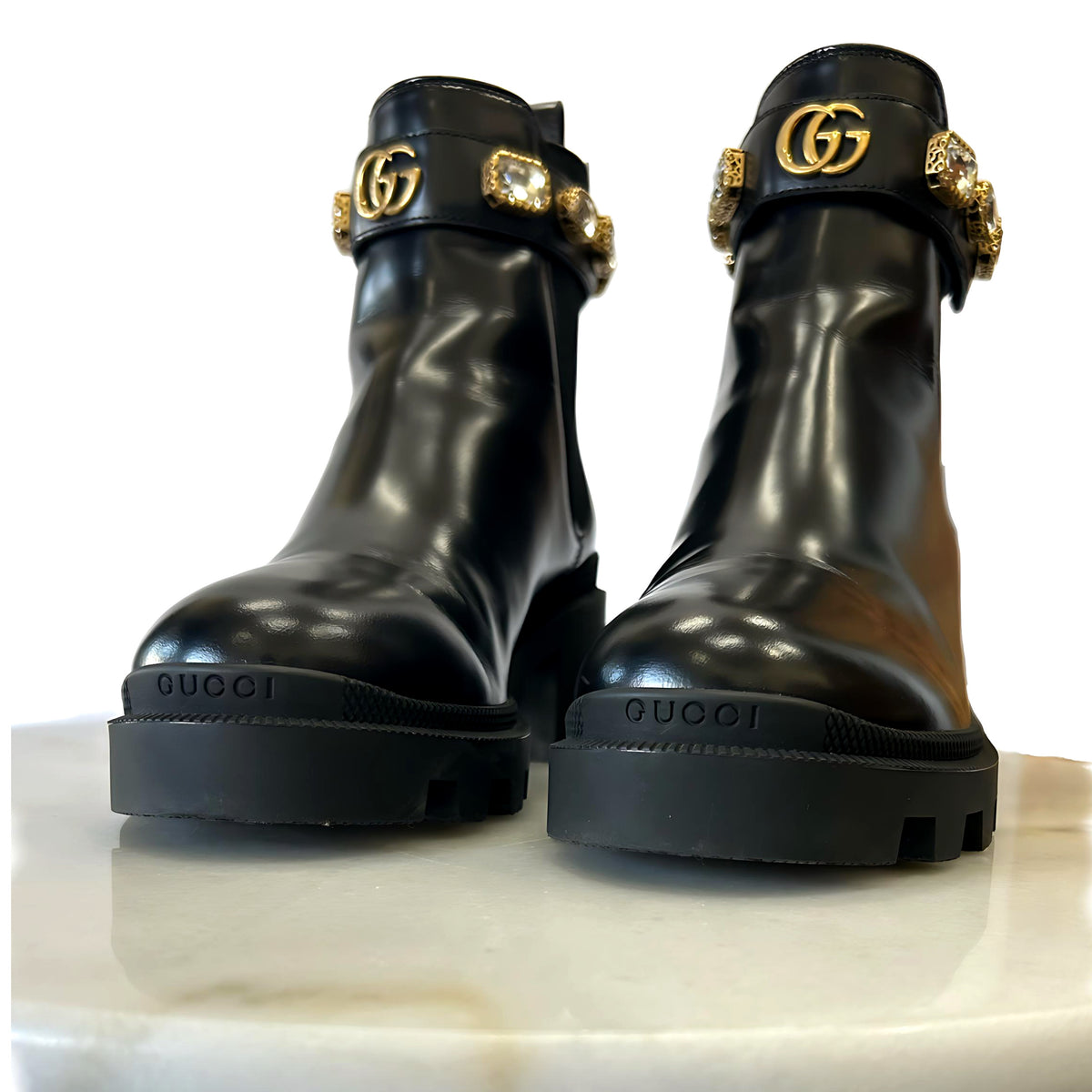 GUCCI - Leather Crystal Embellished Ankle Boots Sz 37.5