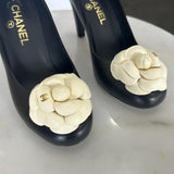 CHANEL - Black Leather Camellia Pumps Sz 38
