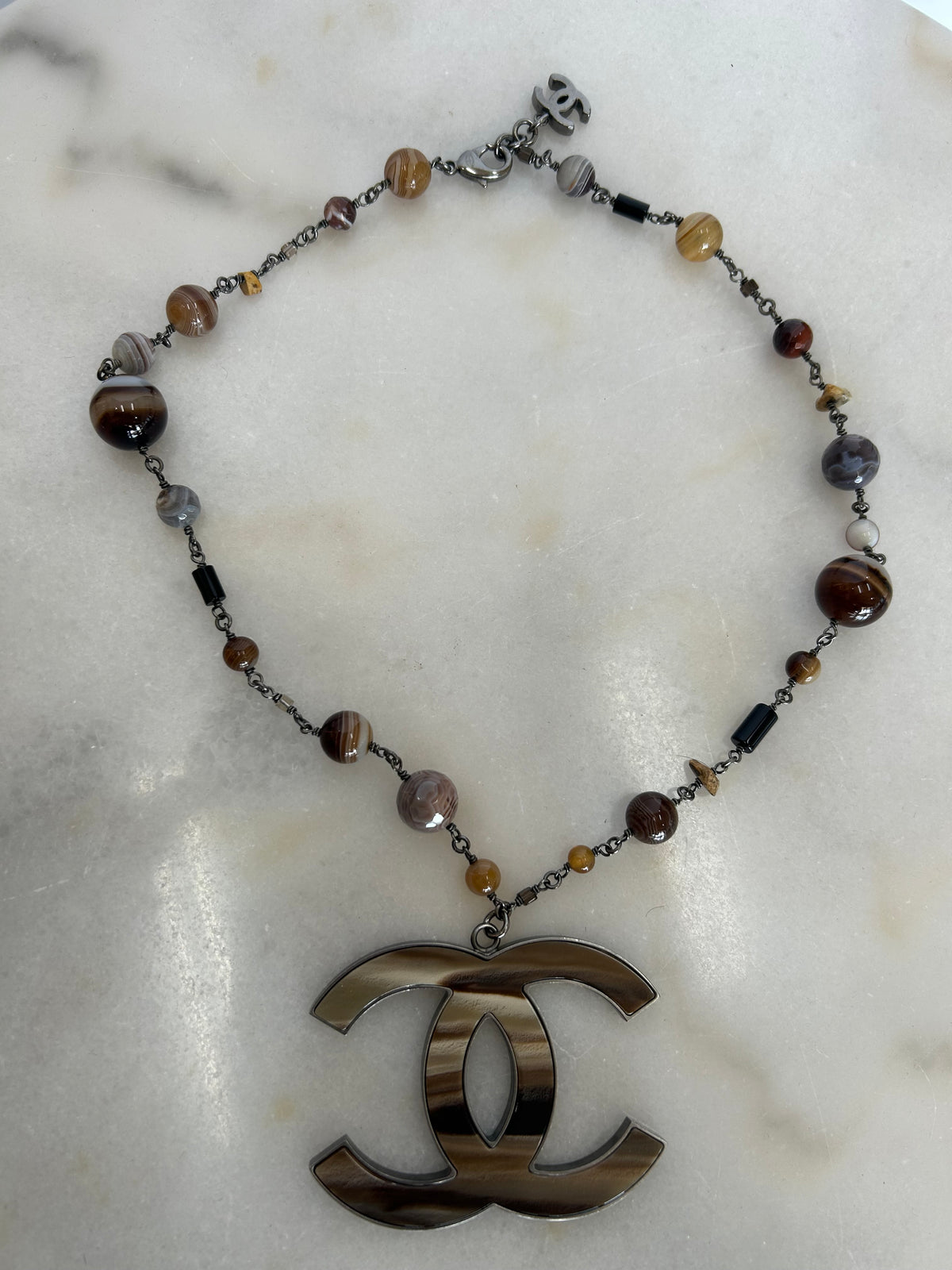 CHANEL - Multi-stone & Resin Oversized CC Pendant Necklace