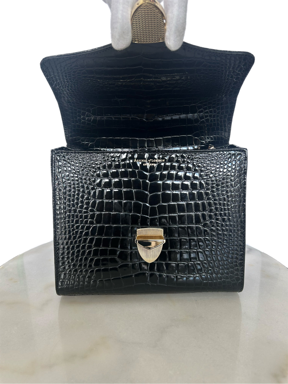 ASPINAL OF LONDON - Mayfair Black Patent Croc Bag