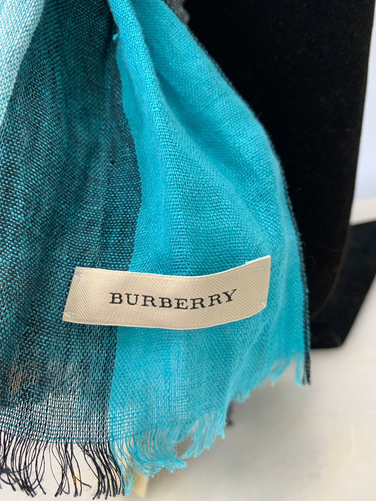 BURBERRY - Turquoise Check Linen Long Scarf