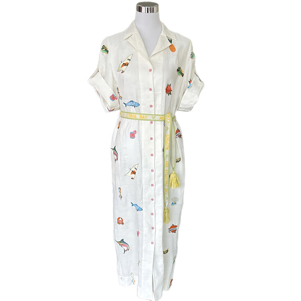 ALÉMAIS - Blue Marlin Embroidered Dress in Cream