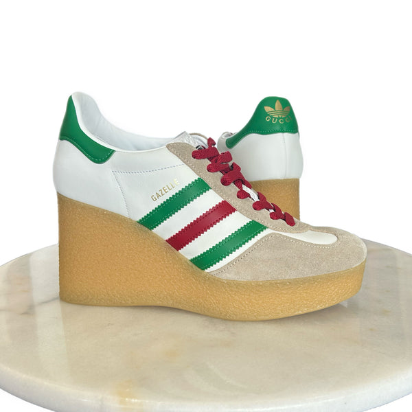 GUCCI x ADIDAS - Gazelle White Leather Wedge Sneakers Sz 39