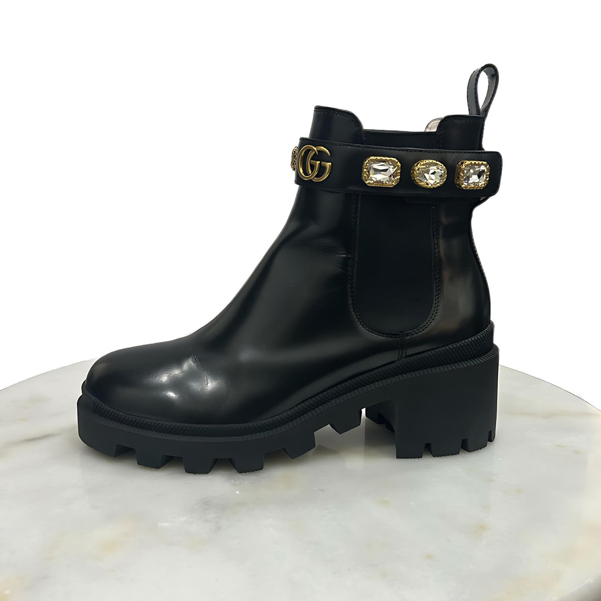GUCCI - Leather Crystal Embellished Ankle Boots Sz 37.5