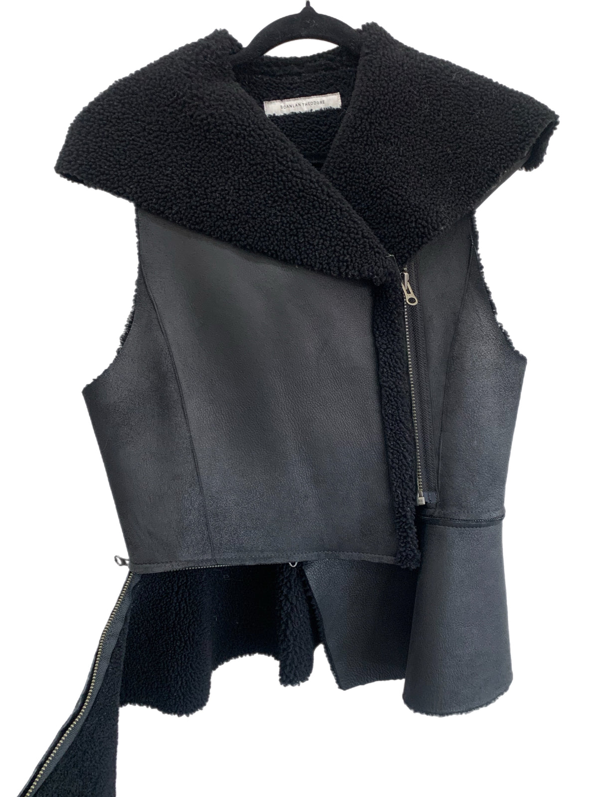 SCANLAN THEODORE - Black Shearling Hooded Vest & Detachable Hem Sz 10