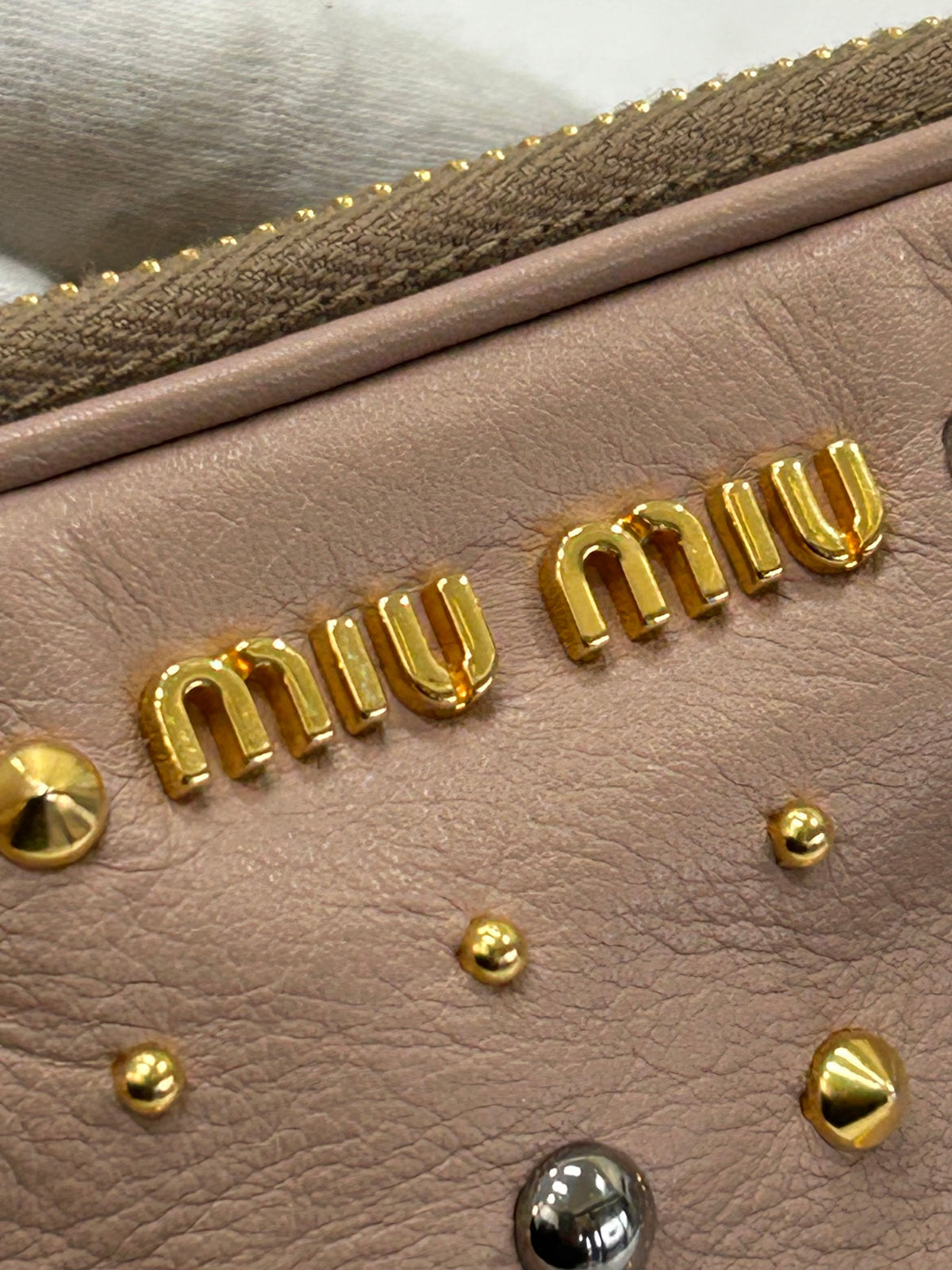 MIU MIU - Pink Leather Studded Double Zip pouch