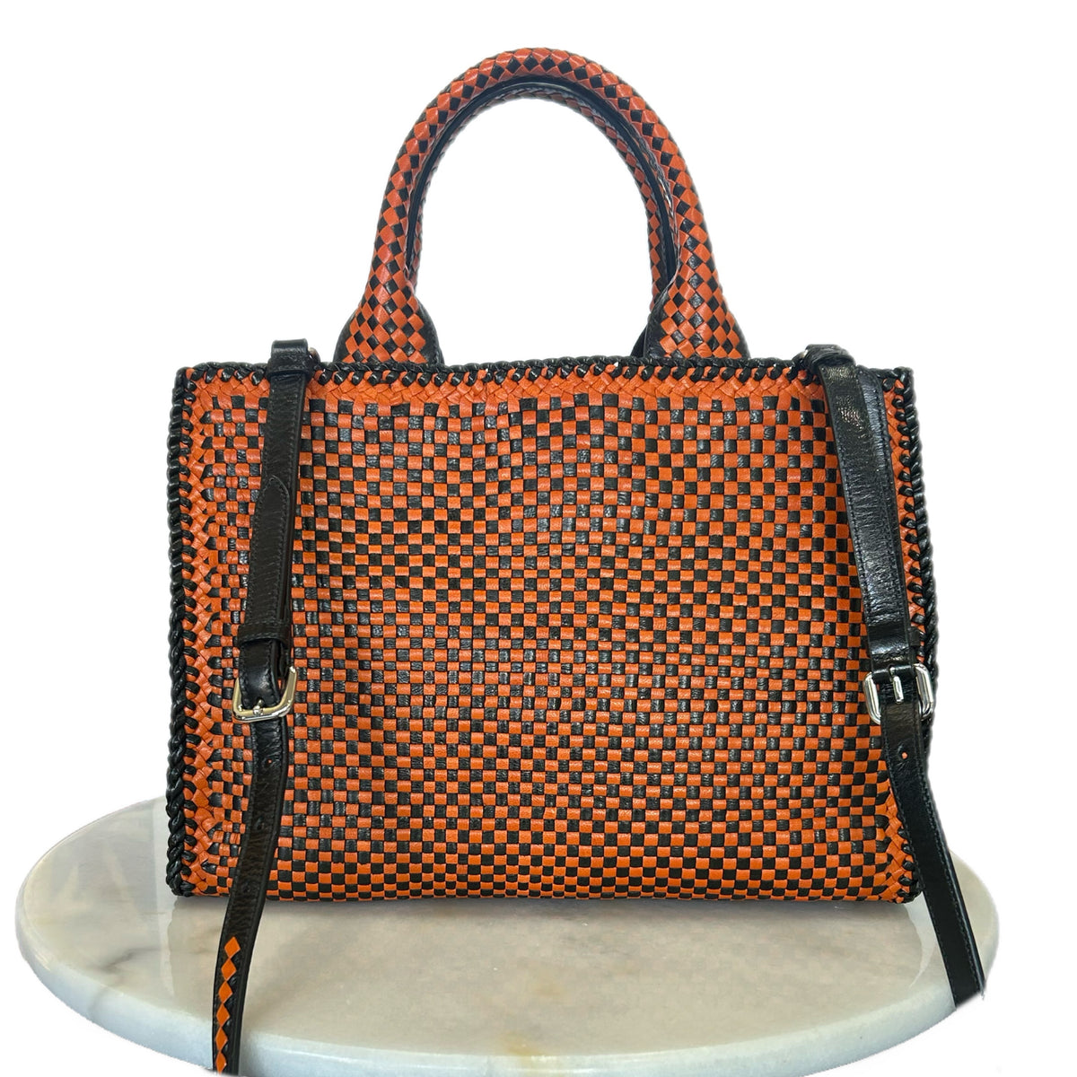 PRADA - Madras Woven Leather Tote Bag