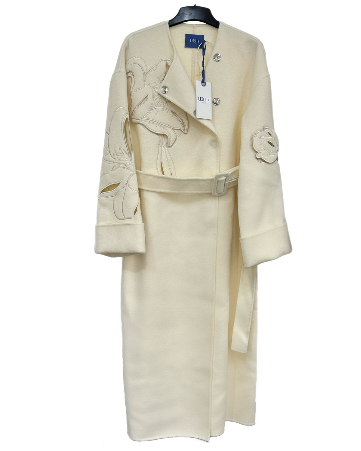 LEO LIN - Celestine Appliqué Wool Coat in Snow Sz S