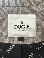 DUCIE - Herringbone Wool Blend Belted Grey Coat Sz L
