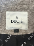 DUCIE - Herringbone Wool Blend Belted Grey Coat Sz L
