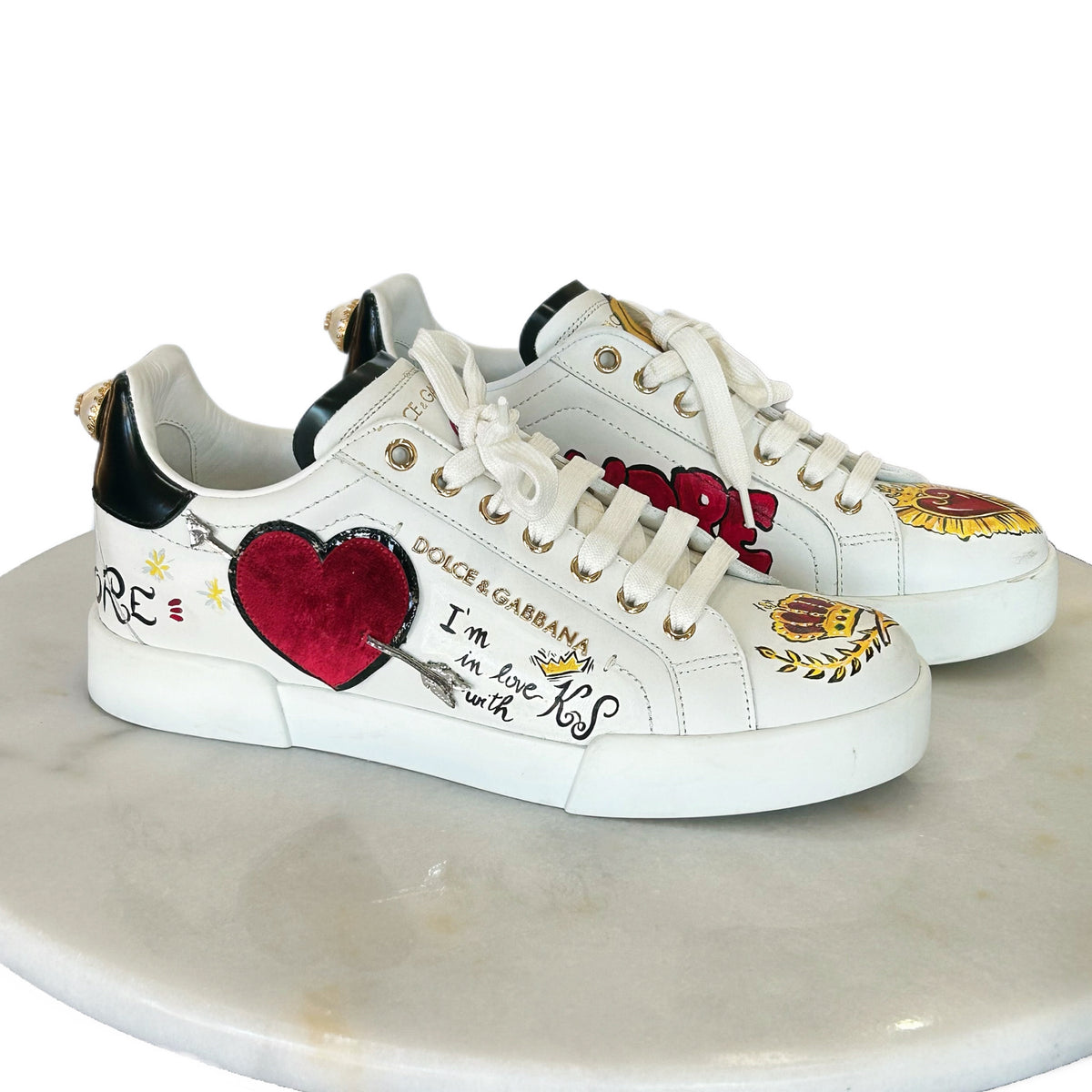 DOLCE & GABBANA - Portofino Embellished Leather Sneakers Sz 38