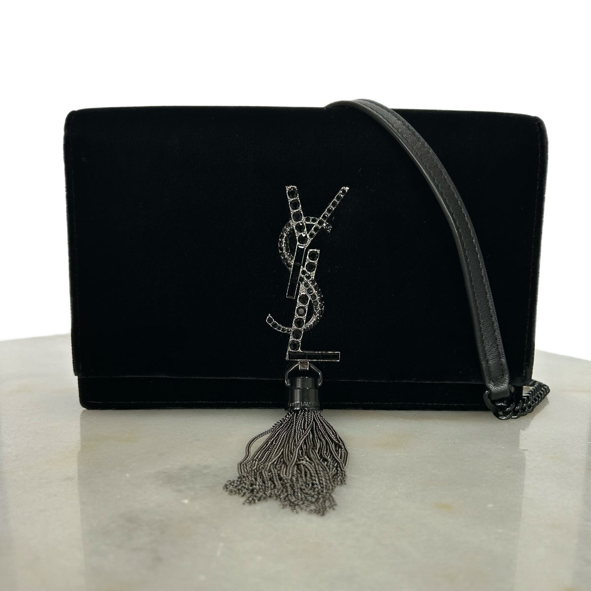 SAINT LAURENT - Kate Black Velvet & Crystal Tassel Bag