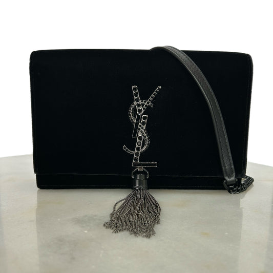 SAINT LAURENT - Kate Black Velvet & Crystal Tassel Bag