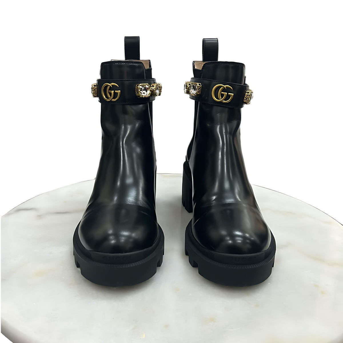 GUCCI - Leather Crystal Embellished Ankle Boots Sz 37.5