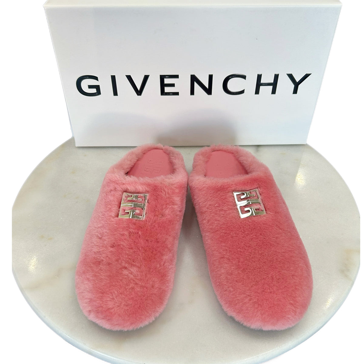 GIVENCHY - 4G Pink Shearling Slip On Slides Sz 39