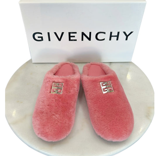 GIVENCHY - 4G Pink Shearling Slip On Slides Sz 39