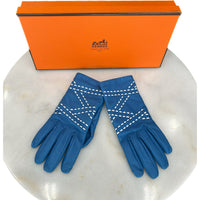 HERMÈS - Blue Leather Gloves Sz 7.5