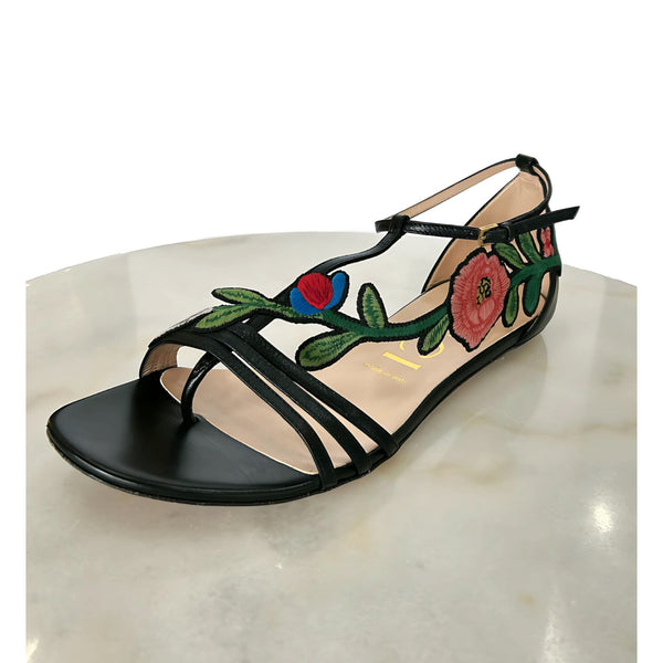 GUCCI - Ophelia Floral Embroidered Sandals Sz 39