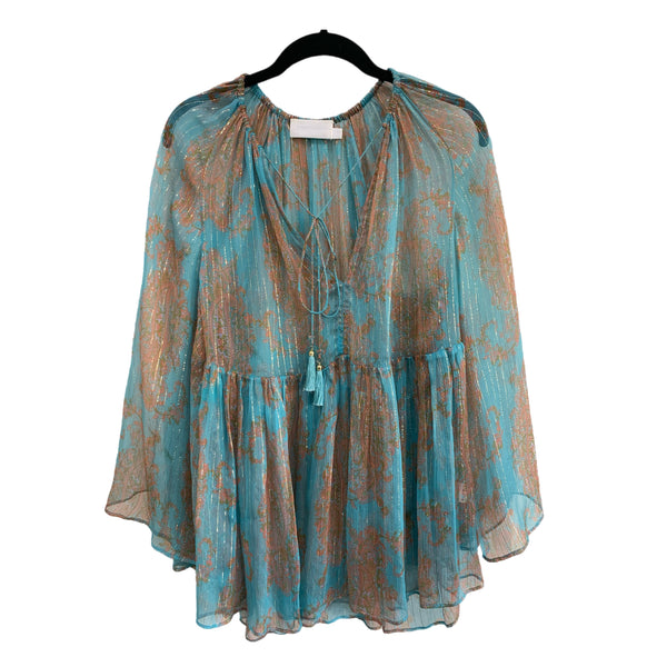 ZIMMERMANN - Blue Silk & Lurex Paisley Blouse Sz 0 / Suit 8-10